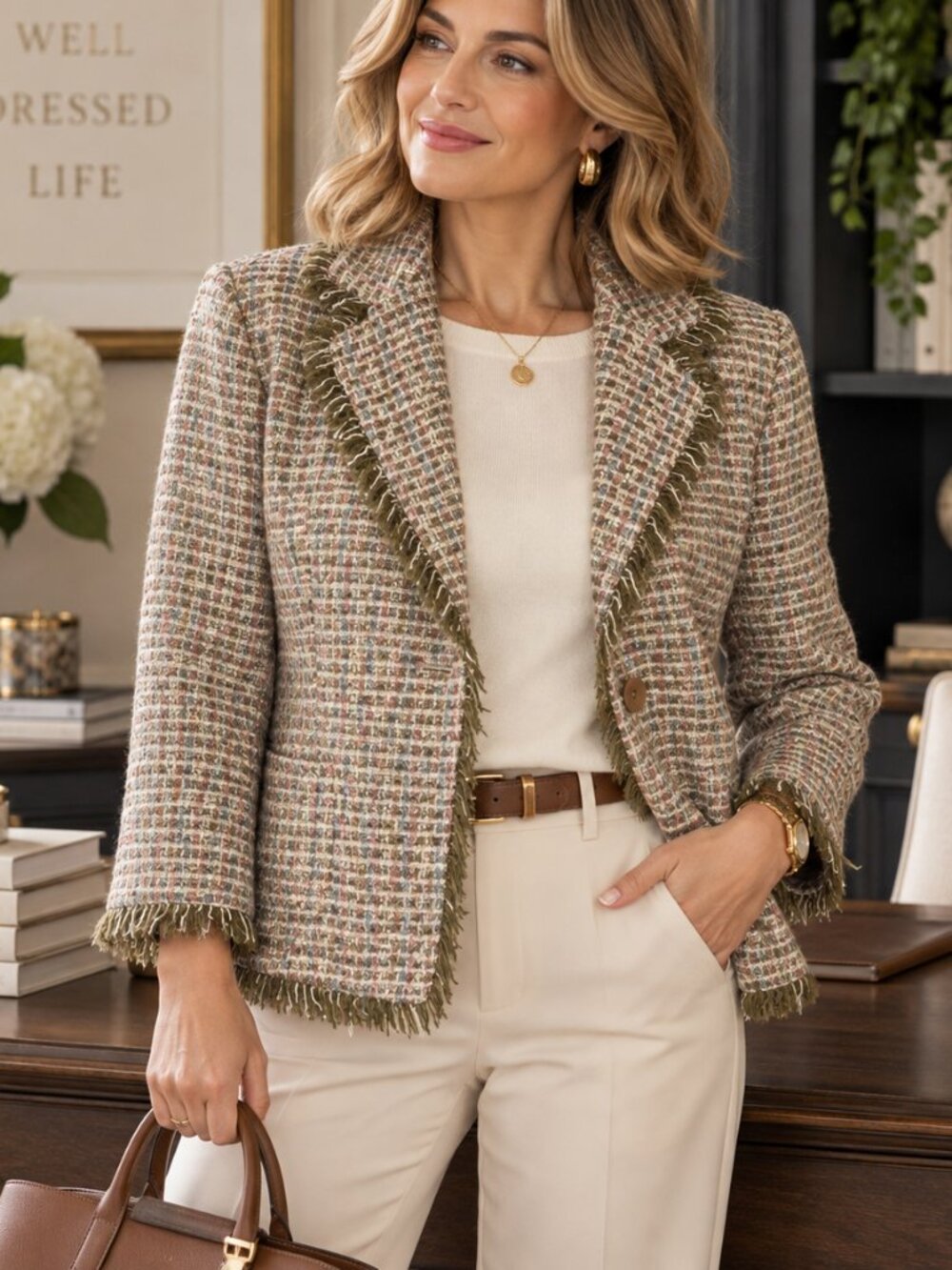Vintage J.G. Hook Beige Tweed Blazer Jacket Coquette Office Business Career - 12